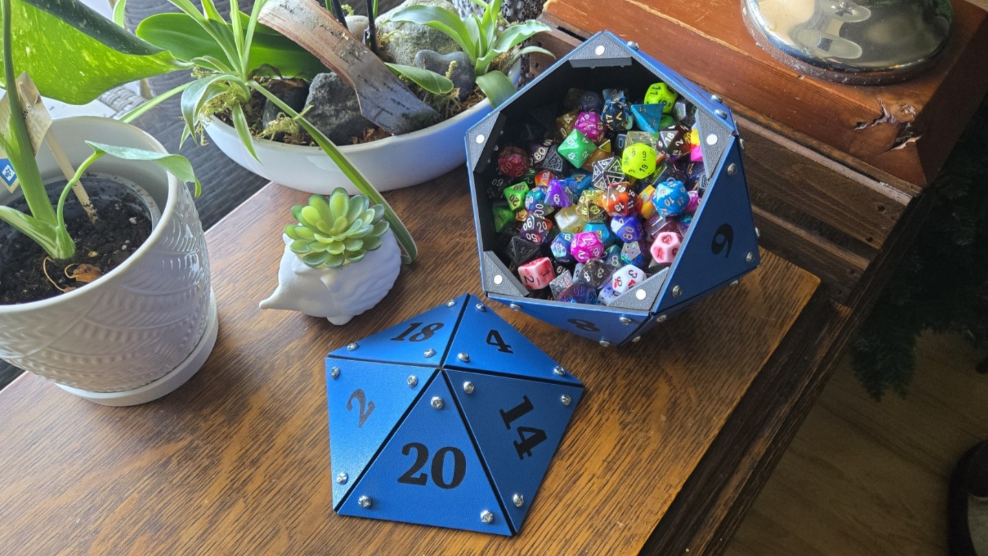 Arcane Blue Dice Vault, open with dice inside
