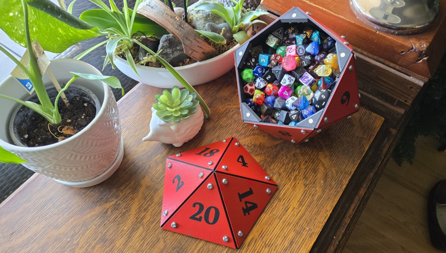 Dragon Red Dice Vault, open with dice inside