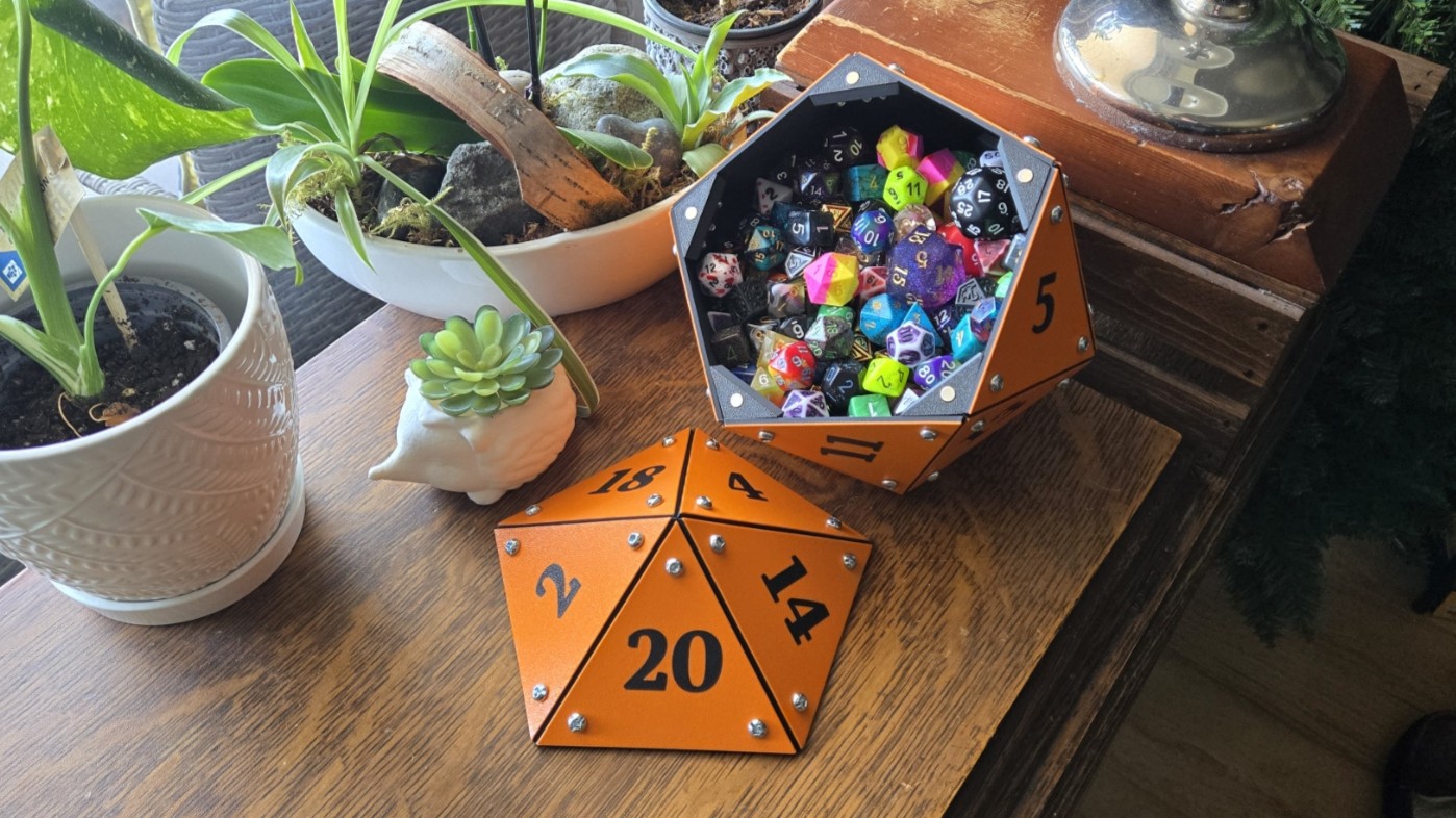 Ember Orange Dice Vault, open with dice inside