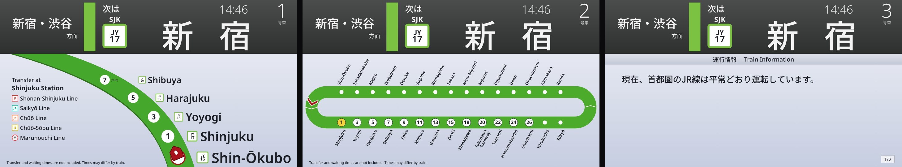 Three monitors showing the train screen as cars 1, 2 and 3: the arc map, the loop map and train information, all approaching Shinjuku