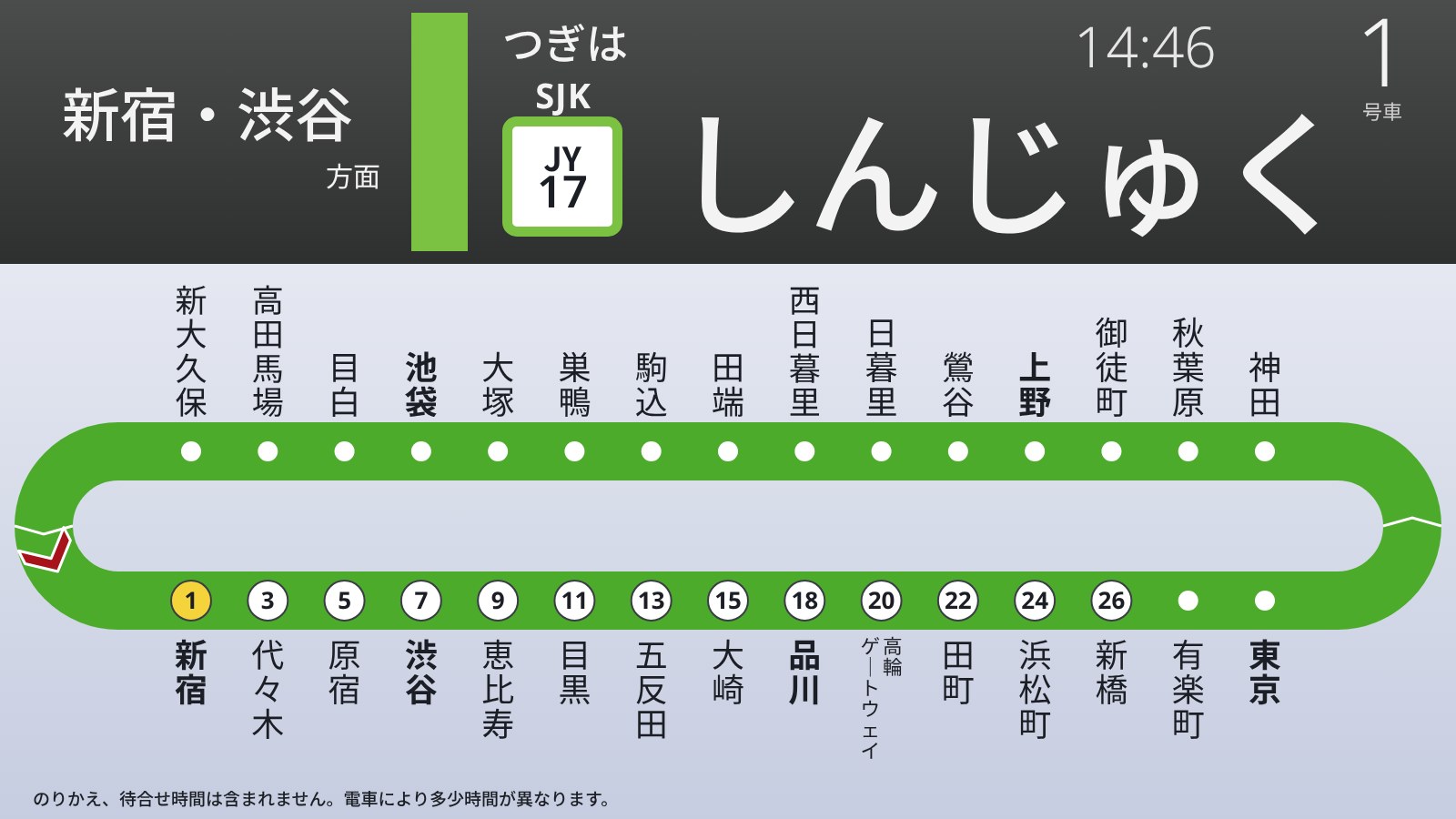 Loop map of the whole Yamanote Line with minutes to each station